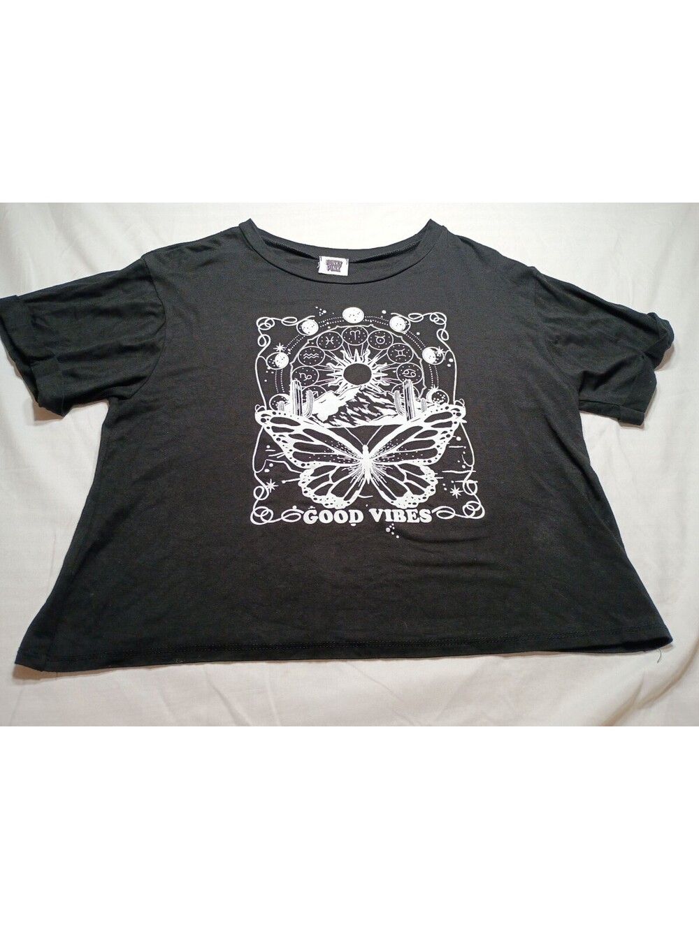 Funky Pink Black Good Vibes Butterfly Graphic Tee Shirt